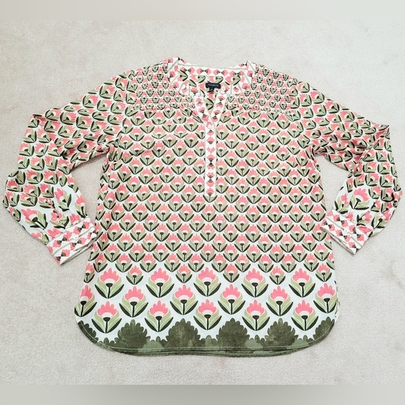 Talbots Women’s Medium Floral Boho Peasant Blouse 100% Cotton Pink Green Long Sl - Picture 7 of 12